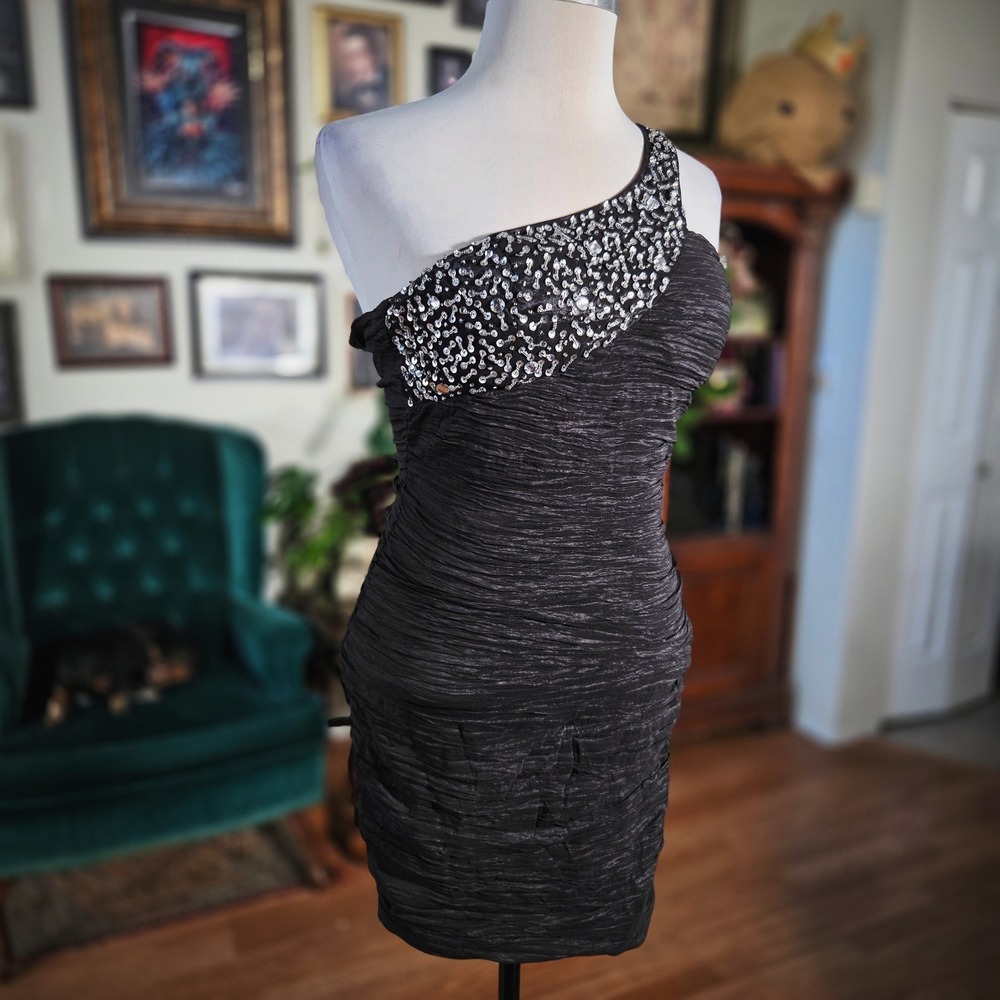 Foreign Exchange One Shoulder Sequin Bodycon Mini Dress Black‎ Ruched S